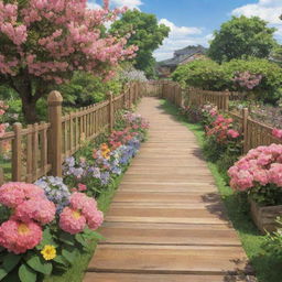 An anime-style wooden fence surrounded by various beautiful flowers, with a large parquet path in the foreground.