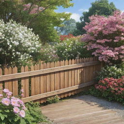 An anime-style wooden fence surrounded by various beautiful flowers, with a large parquet path in the foreground.