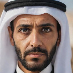 A wise and deep-looking Arab character gazing directly into the camera with profound eyes