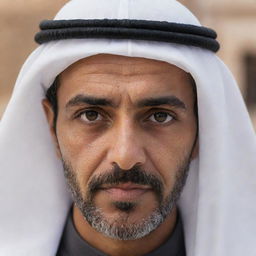 A wise and deep-looking Arab character gazing directly into the camera with profound eyes