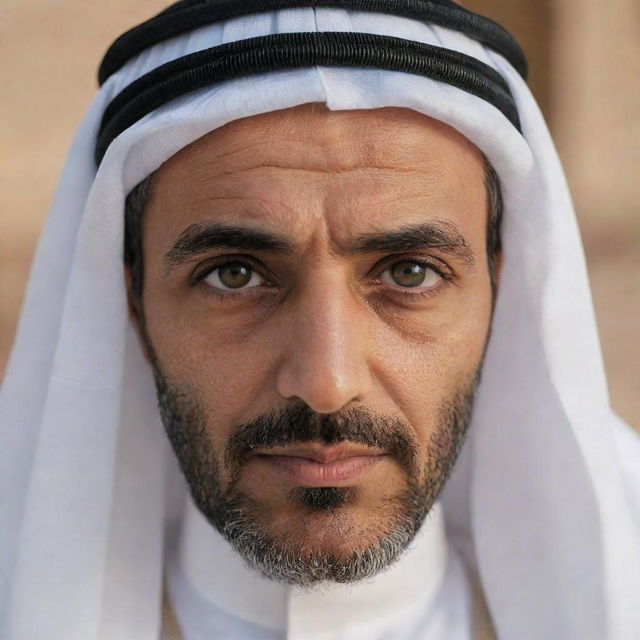 A wise and deep-looking Arab character gazing directly into the camera with profound eyes