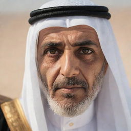 A wise and deep-looking Arab character gazing directly into the camera with profound eyes