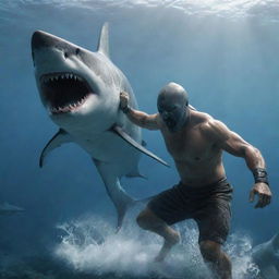 An aggressive and furious mythical warrior, half-human with a shark head, in a fighting pose among an intense marine environment. Create in 4K with photorealistic details.