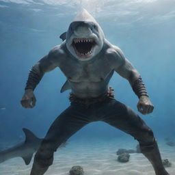 An aggressive and furious mythical warrior, half-human with a shark head, in a fighting pose among an intense marine environment. Create in 4K with photorealistic details.