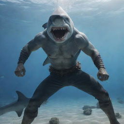 An aggressive and furious mythical warrior, half-human with a shark head, in a fighting pose among an intense marine environment. Create in 4K with photorealistic details.