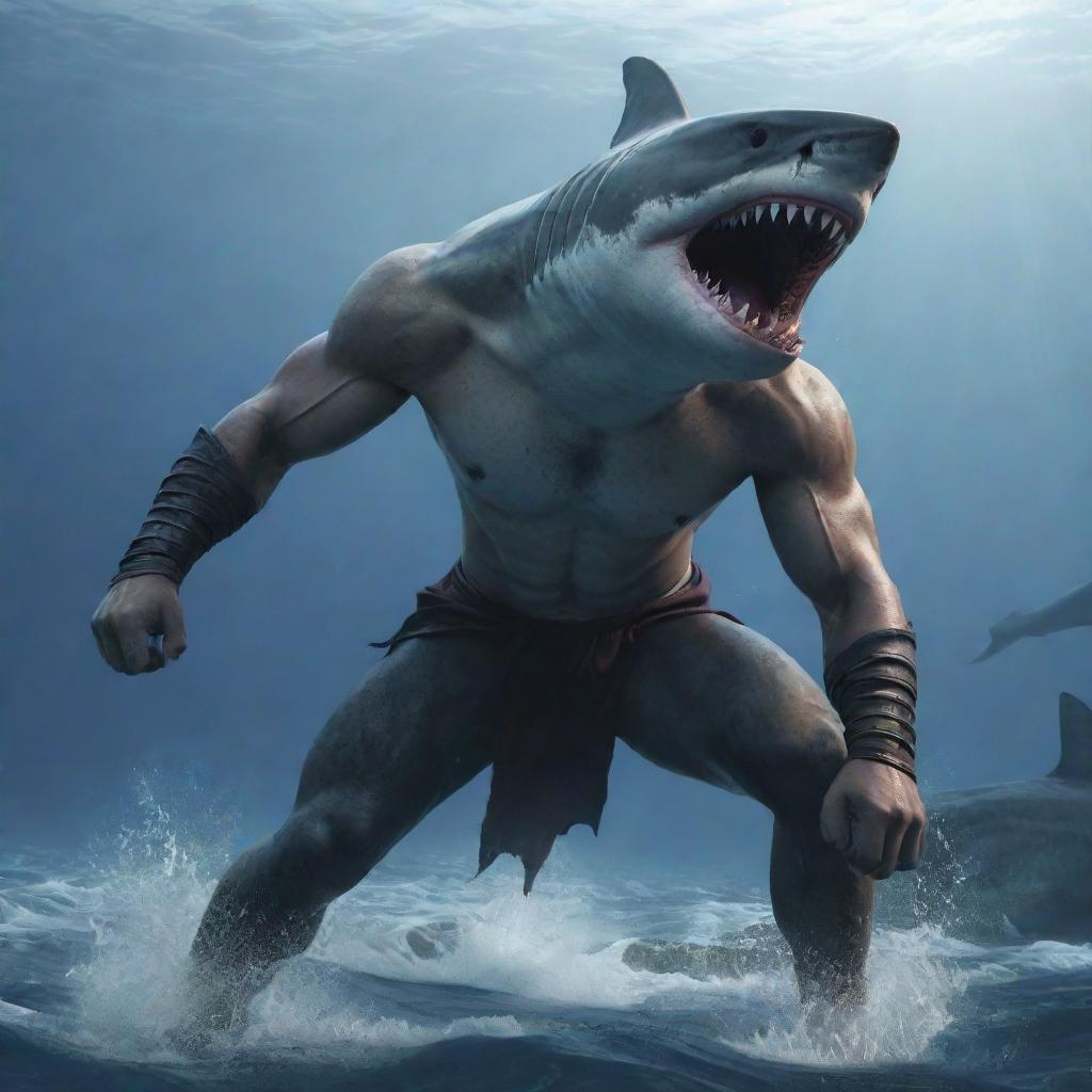 An aggressive and furious mythical warrior, half-human with a shark head, in a fighting pose among an intense marine environment. Create in 4K with photorealistic details.