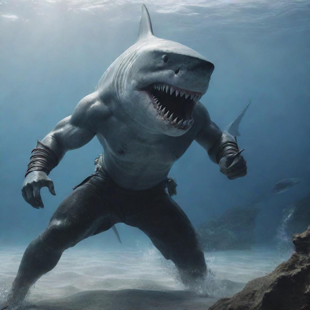 An aggressive and furious mythical warrior, half-human with a shark head, in a fighting pose among an intense marine environment. Create in 4K with photorealistic details.