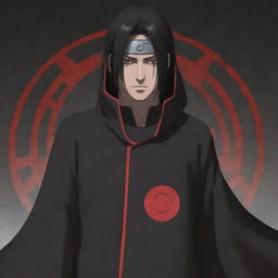 Anime character Itachi Uchiha from Naruto, showcasing his dark cloak with red cloud symbols and Sharingan eyes