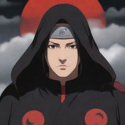 Anime character Itachi Uchiha from Naruto, showcasing his dark cloak with red cloud symbols and Sharingan eyes