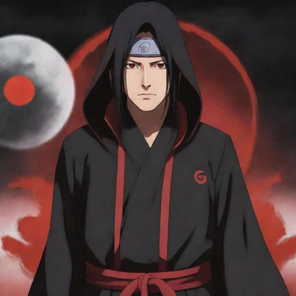 Anime character Itachi Uchiha from Naruto, showcasing his dark cloak with red cloud symbols and Sharingan eyes