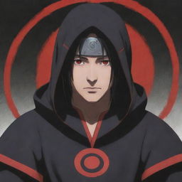 Anime character Itachi Uchiha from Naruto, showcasing his dark cloak with red cloud symbols and Sharingan eyes