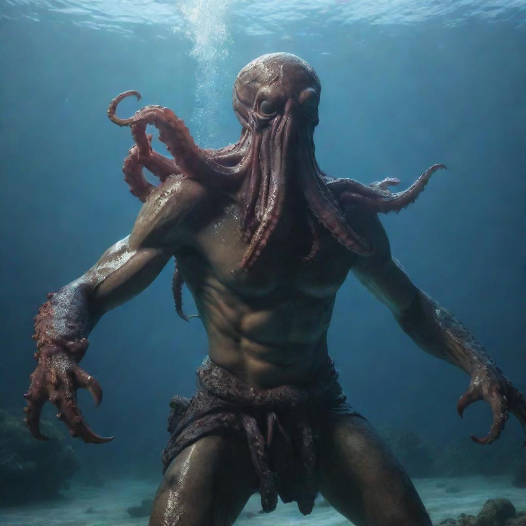 A fierce and agitated mythical warrior, half-human with an octopus head, poised for battle amidst a tumultuous underwater setting. Generate in 4K for photorealistic accuracy.