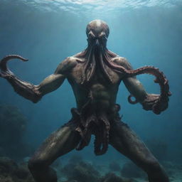 A fierce and agitated mythical warrior, half-human with an octopus head, poised for battle amidst a tumultuous underwater setting. Generate in 4K for photorealistic accuracy.