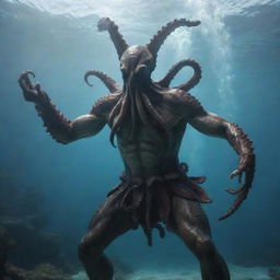 A fierce and agitated mythical warrior, half-human with an octopus head, poised for battle amidst a tumultuous underwater setting. Generate in 4K for photorealistic accuracy.