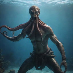 A fierce and agitated mythical warrior, half-human with an octopus head, poised for battle amidst a tumultuous underwater setting. Generate in 4K for photorealistic accuracy.