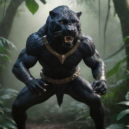 A ferocious mythic warrior, half-human with a panther head, in a combative stance within a dense jungle environment. Render in 4K with photorealistic precision.