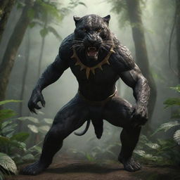 A ferocious mythic warrior, half-human with a panther head, in a combative stance within a dense jungle environment. Render in 4K with photorealistic precision.