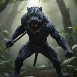 A ferocious mythic warrior, half-human with a panther head, in a combative stance within a dense jungle environment. Render in 4K with photorealistic precision.