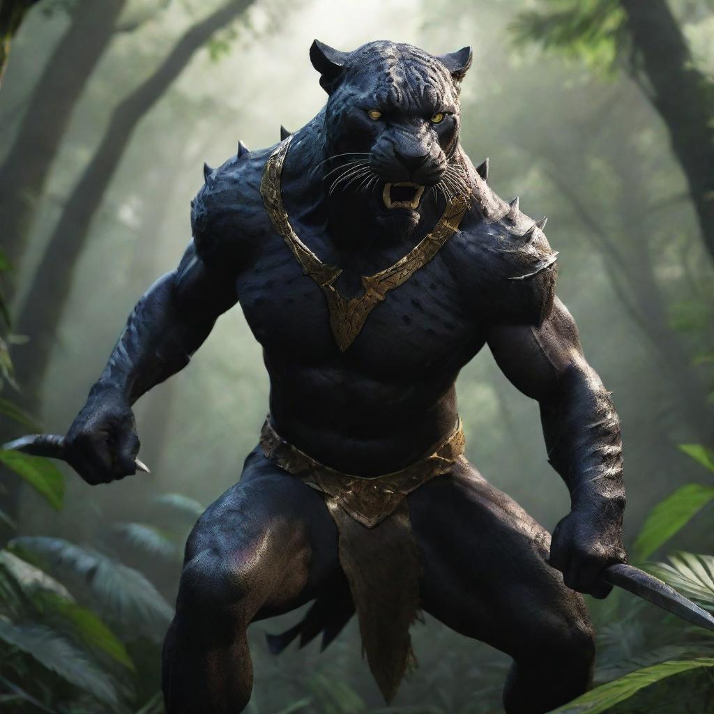 A ferocious mythic warrior, half-human with a panther head, in a combative stance within a dense jungle environment. Render in 4K with photorealistic precision.