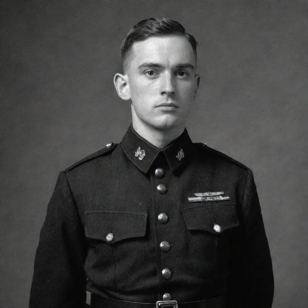 Generate an image of a soldier in black uniform standing valiantly. He has an inscription 'WORLD WAR ZB' prominent on his chest.