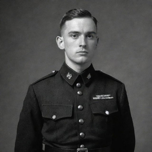 Generate an image of a soldier in black uniform standing valiantly. He has an inscription 'WORLD WAR ZB' prominent on his chest.