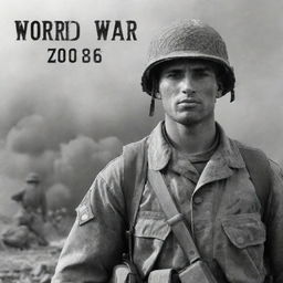 Create an image of a soldier with the caption 'WORLD WAR ZB' in the foreground. The soldier should look courageous and the inscription bold and clear.