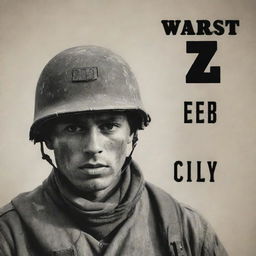 Create an image of a soldier with the caption 'WORLD WAR ZB' in the foreground. The soldier should look courageous and the inscription bold and clear.