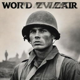 Create an image of a soldier with the caption 'WORLD WAR ZB' in the foreground. The soldier should look courageous and the inscription bold and clear.