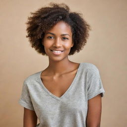 A confident, youthful woman with brown skin, depicted in a relaxed, casual outfit, radiating warmth and charm.