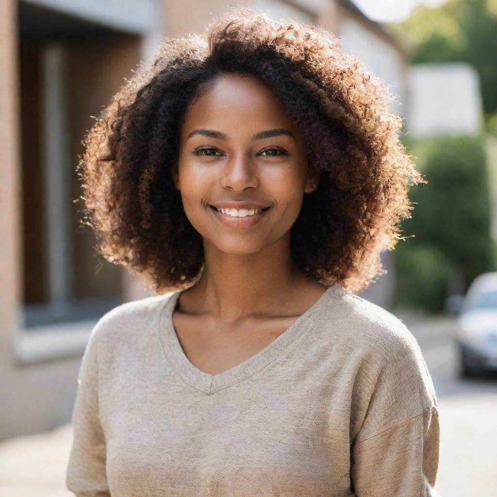 A confident, youthful woman with brown skin, depicted in a relaxed, casual outfit, radiating warmth and charm.