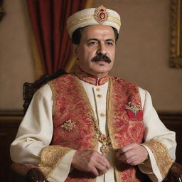 Sheikh Stalin delivering a speech in intricate period attire, with focus on minute details and rich colors.