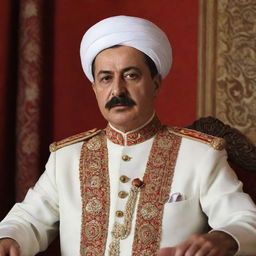 Sheikh Stalin delivering a speech in intricate period attire, with focus on minute details and rich colors.