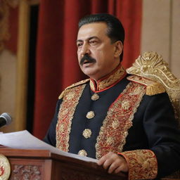 Sheikh Stalin delivering a speech in intricate period attire, with focus on minute details and rich colors.