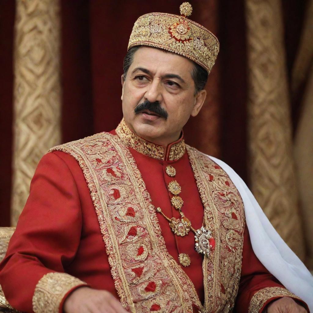 Sheikh Stalin delivering a speech in intricate period attire, with focus on minute details and rich colors.