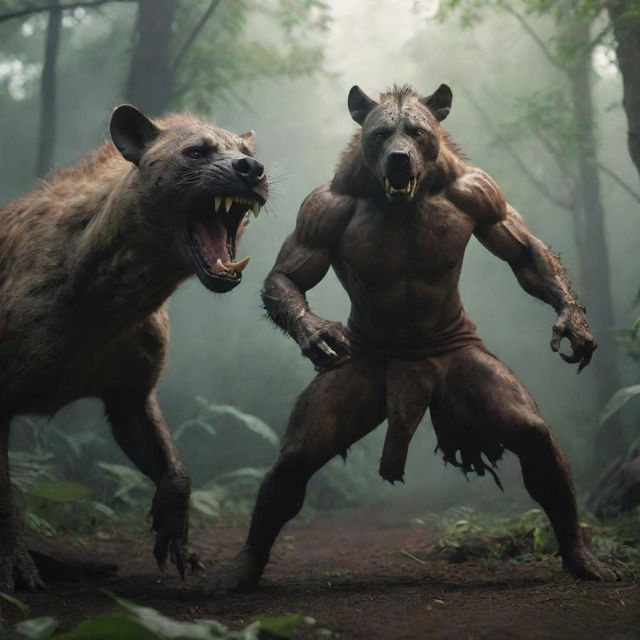 A wrathful mythical warrior, half-human with a hyena's head, in a fighting pose in a volatile jungle scenario. Produce in 4K for photorealistic refinement.