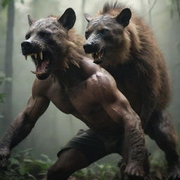 A wrathful mythical warrior, half-human with a hyena's head, in a fighting pose in a volatile jungle scenario. Produce in 4K for photorealistic refinement.