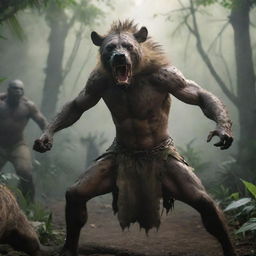 A wrathful mythical warrior, half-human with a hyena's head, in a fighting pose in a volatile jungle scenario. Produce in 4K for photorealistic refinement.