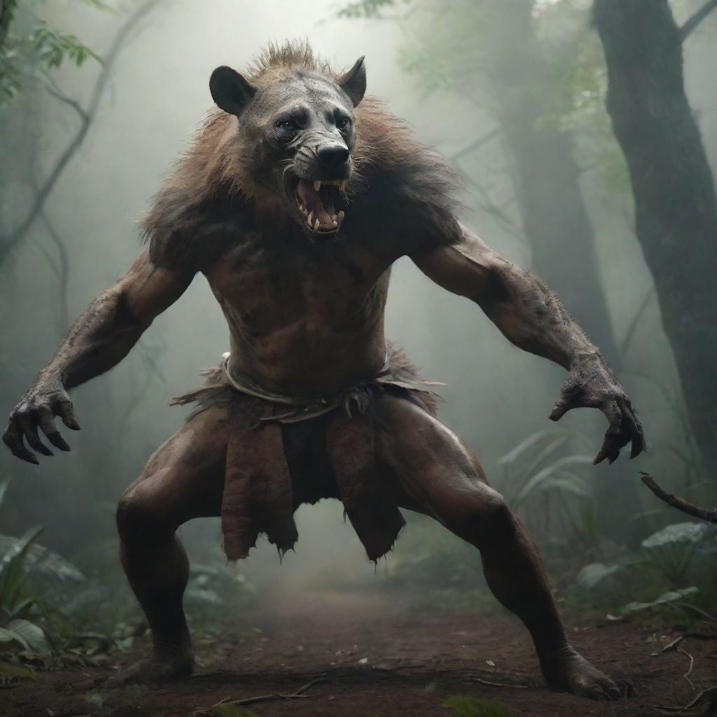 A wrathful mythical warrior, half-human with a hyena's head, in a fighting pose in a volatile jungle scenario. Produce in 4K for photorealistic refinement.