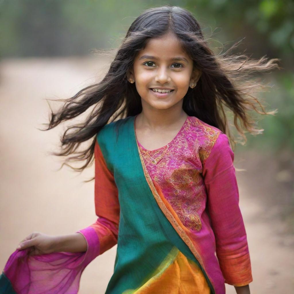 A young Indian girl dressed in a vibrant, colorful chudidar with her hair flowing freely.