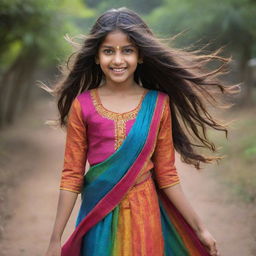 A young Indian girl dressed in a vibrant, colorful chudidar with her hair flowing freely.