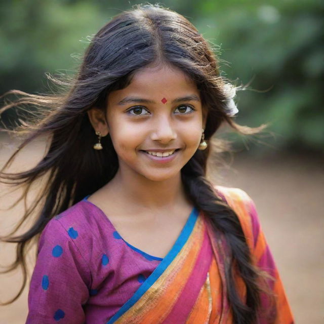 A young Indian girl dressed in a vibrant, colorful chudidar with her hair flowing freely.