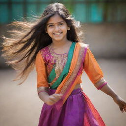 A young Indian girl dressed in a vibrant, colorful chudidar with her hair flowing freely.