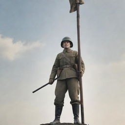 Generate an image of a resolute soldier with a beautifully designed pole in the foreground. The pole notably holds an inscription that reads 'WORLD WAR ZB'.