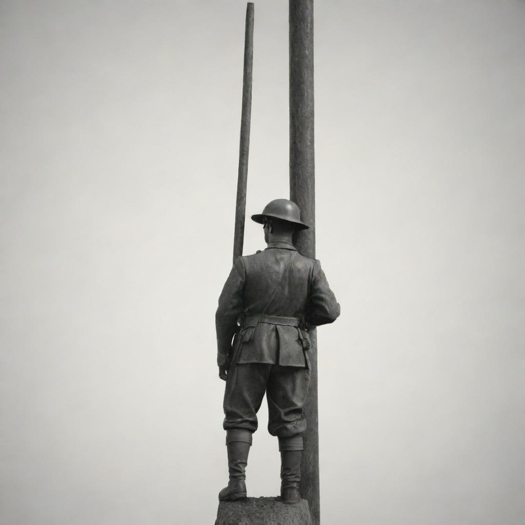 Generate an image of a resolute soldier with a beautifully designed pole in the foreground. The pole notably holds an inscription that reads 'WORLD WAR ZB'.