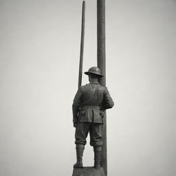 Generate an image of a resolute soldier with a beautifully designed pole in the foreground. The pole notably holds an inscription that reads 'WORLD WAR ZB'.