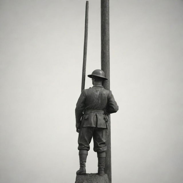 Generate an image of a resolute soldier with a beautifully designed pole in the foreground. The pole notably holds an inscription that reads 'WORLD WAR ZB'.