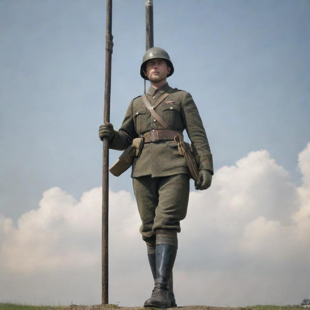 Generate an image of a resolute soldier with a beautifully designed pole in the foreground. The pole notably holds an inscription that reads 'WORLD WAR ZB'.