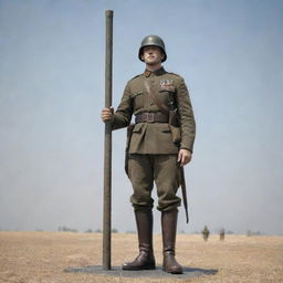 Generate an image of a resolute soldier with a beautifully designed pole in the foreground. The pole notably holds an inscription that reads 'WORLD WAR ZB'.