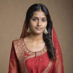 An adult Indian female wearing a traditional chudidar, her hair loose and flowing.