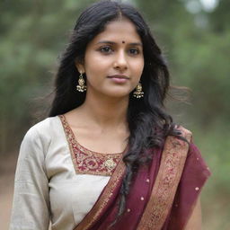 An adult Indian female wearing a traditional chudidar, her hair loose and flowing.